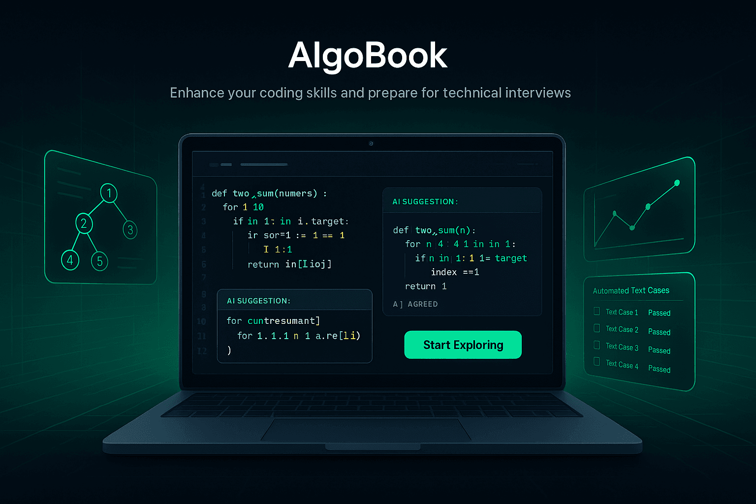 AlgoBook platform UI with AI code suggestions and test results
